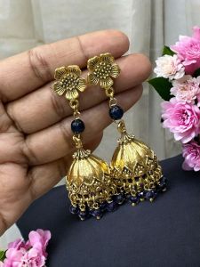 Antique Gold Jhumkas with Agate Beads Dark Blue