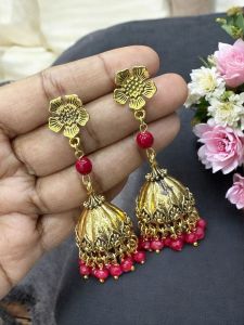 Antique Gold Jhumkas with Agate Beads Brick Red