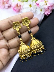 Antique Gold Jhumkas with Agate Beads Black