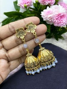 Antique Gold Jhumkas with Agate Beads Blue