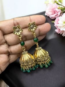 Antique Gold Jhumkas with Agate Beads Green