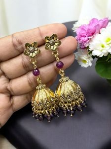 Antique Gold Jhumkas with Agate Beads Purple