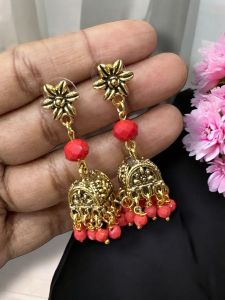 Antique Gold Jhumkas with Crystal Orange