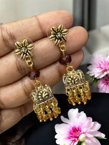 Antique Gold Jhumkas with Crystal Honey Brown 