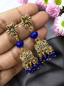 Antique Gold Jhumkas with Crystal Royal Blue