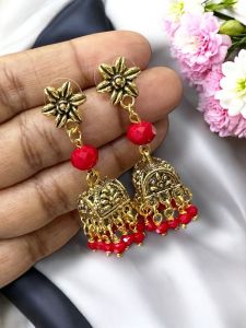 Antique Gold Jhumkas with Crystal Royal Red