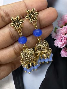Antique Gold Jhumkas with Crystal Royal Blue