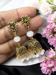 Antique Gold Jhumkas with Crystal White