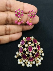 Matt finish Stone Pendants with Pearls,Ruby Pink