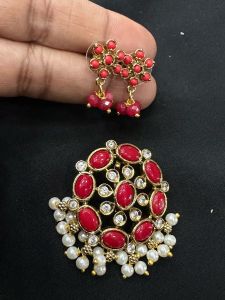 Matt finish Stone Pendants with Pearls, Coral Red
