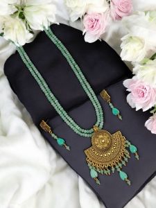 2 Layer Agate Necklace with Antique Metal Pendant,Sea Green