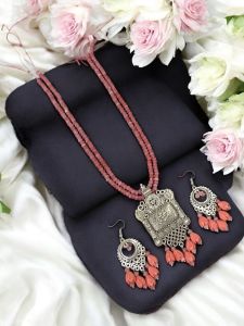 2 Layer Agate Necklace with Oxidised Metal Pendant, Peachish Pink