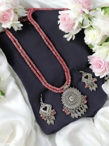 2 Layer Agate Necklace with Oxidised Metal Pendant, Pink