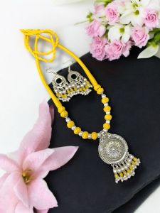 Shell Pearl Necklace With Cotton Thread Beads (Yellow)