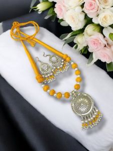 Shell Pearl Necklace With Cotton Thread Beads (Turmeric Yellow)
