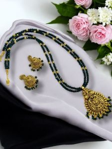 2 Layer Crystals with Antique Gold pendant Necklace with Jhumkas Deep Green 