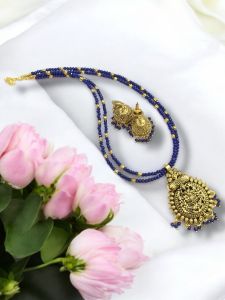 2 Layer Crystals with Antique Gold pendant Necklace with Jhumkas Blue