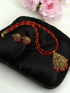 2 Layer Crystals with Antique Gold pendant Necklace with Jhumkas Deep Green 