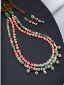 2 layer and agate and printed beads necklace with Kohlapuri charms