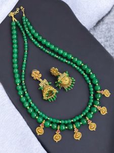 2 layer glass beads necklace with Lakshmi coin charms and with Jhumkas
