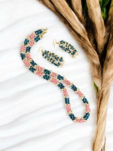 Agate Loreal Necklace : Pink & Peacock Blue with earrings