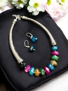 Agate Rondelle With German Silver Trunks Necklace, Multicolor