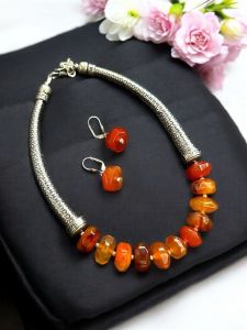 Agate Rondelle With German Silver Trunks Necklace, Orange