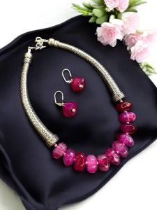 Agate Rondelle With German Silver Trunks Necklace, Dark Pink