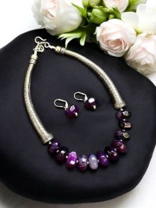 Agate Rondelle With German Silver Trunks Necklace, Purple