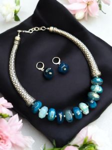 Agate Rondelle With German Silver Trunks Necklace, Peacock Blue