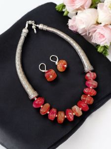Agate Rondelle With German Silver Trunks Necklace,Pinkish Orange