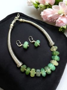 Agate Rondelle With German Silver Trunks Necklace, Light Green
