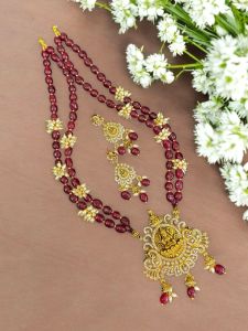 Antique gold Lakshmi pendant with quartz beads
