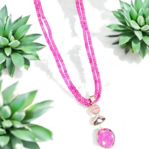 Gemstone Pendants with 2 layers of agate beads Necklace, Pink colour