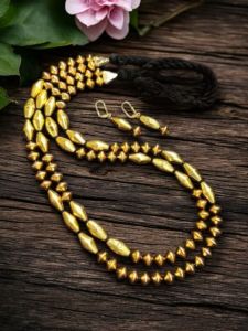Gold dholki beads necklace, 2 strand, Black