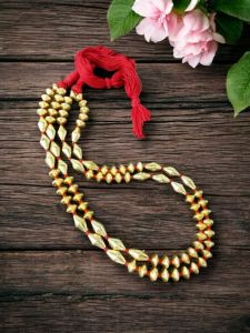 Gold dholki beads necklace, 2 strand, red