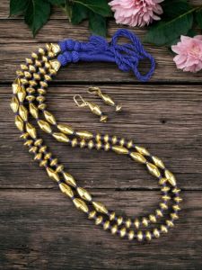 2 strand gold dholki beads necklace , royal blue
