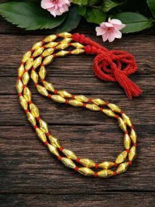 Gold dholki beads necklace, 2 strand, Red