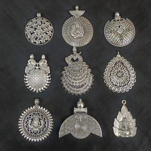 Metal Pendants, Oxidised Silver, Pack of 9 Pendants