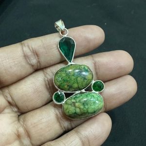Gemstone Pendants , Silver Finish ,5 Stones, green colour