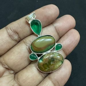 Gemstone Pendants , Silver Finish ,5 Stones, dark green 