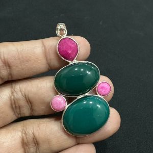 Gemstone Pendants , Silver Finish ,5 Stones, dark green with pink