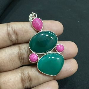 Gemstone Pendants , Silver Finish ,5 Stones, pink and green