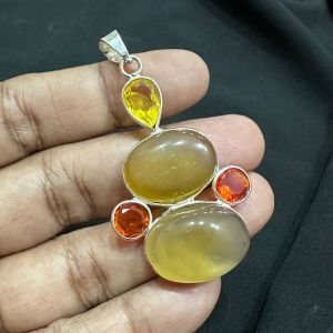 Gemstone Pendants , Silver Finish ,5 Stones, yellow