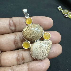 Gemstone Pendants , Silver Finish ,5 Stones, yellow dual shade