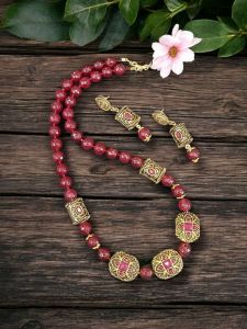 Agate beads in Pinkish Maroon colour with Victorian spacers