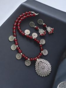 Onyx Beads with oxidised silver charms and pendant
