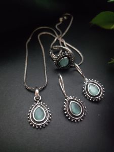Silver Replica Teardrop (SEA GREEN) Chain Set with matching Earrings and hand ring
