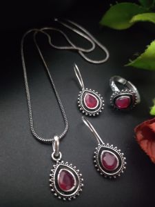 Silver Replica Teardrop (RUBY PINK) Chain Set with matching Earrings and hand ring