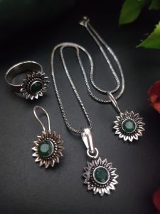 Silver Replica Flower (GREEN) Chain Set with matching Earrings And Hand Ring